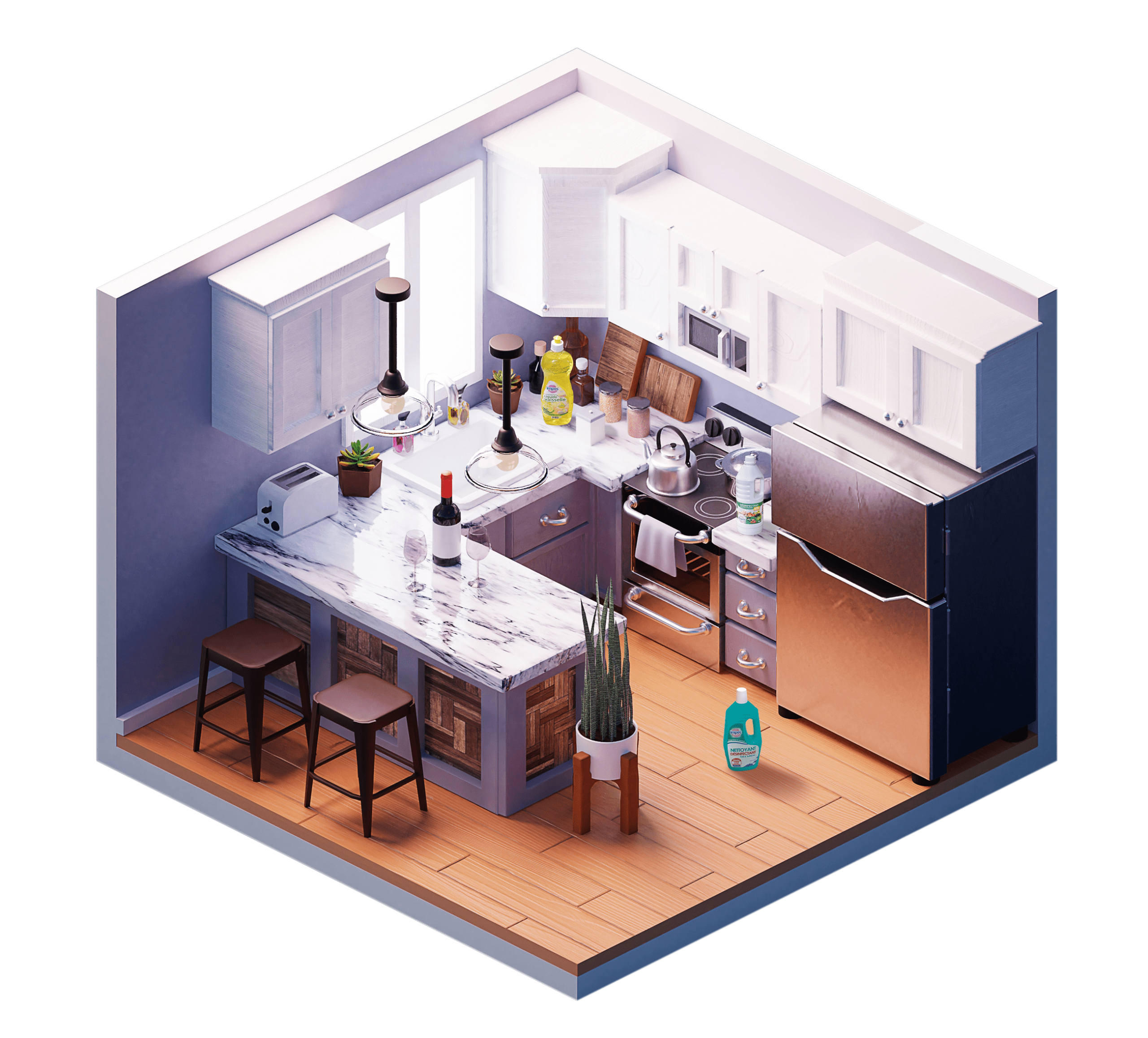 Isometric kitchen composition indoor view dining place with stove kitchenware cabinetry 3d illustration min 1 scaled